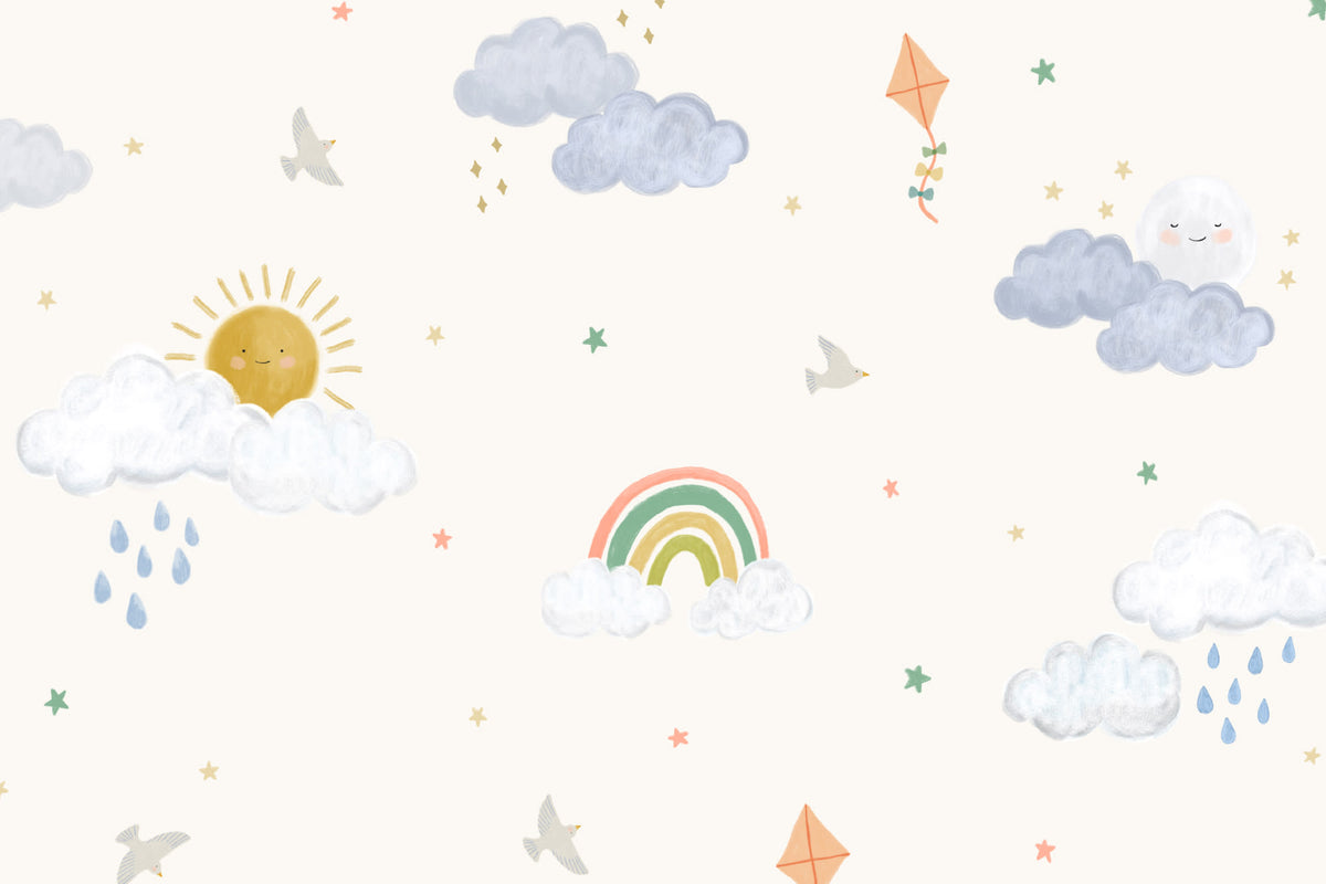 Flat pattern view of The Sunshower Sky wallpaper in cream and pastel, showing the suns, clouds and rainbows
