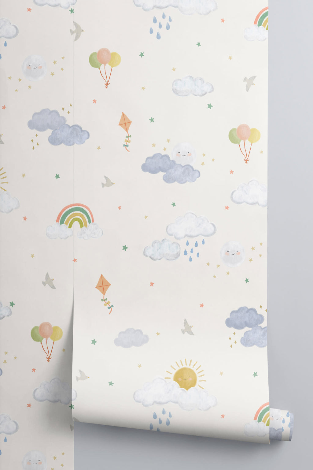 Roll of The Sunshower Sky wallpaper in cream and pastel, another angle