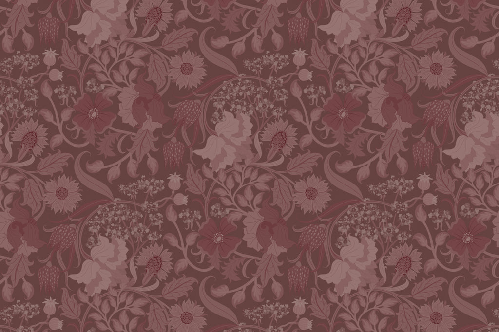 Flat pattern view of The Thistle Manor wallpaper in mulberry plum, showing the heritage thistles and blossoms