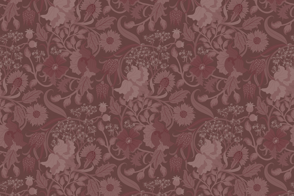 Flat pattern view of The Thistle Manor wallpaper in mulberry plum, showing the heritage thistles and blossoms