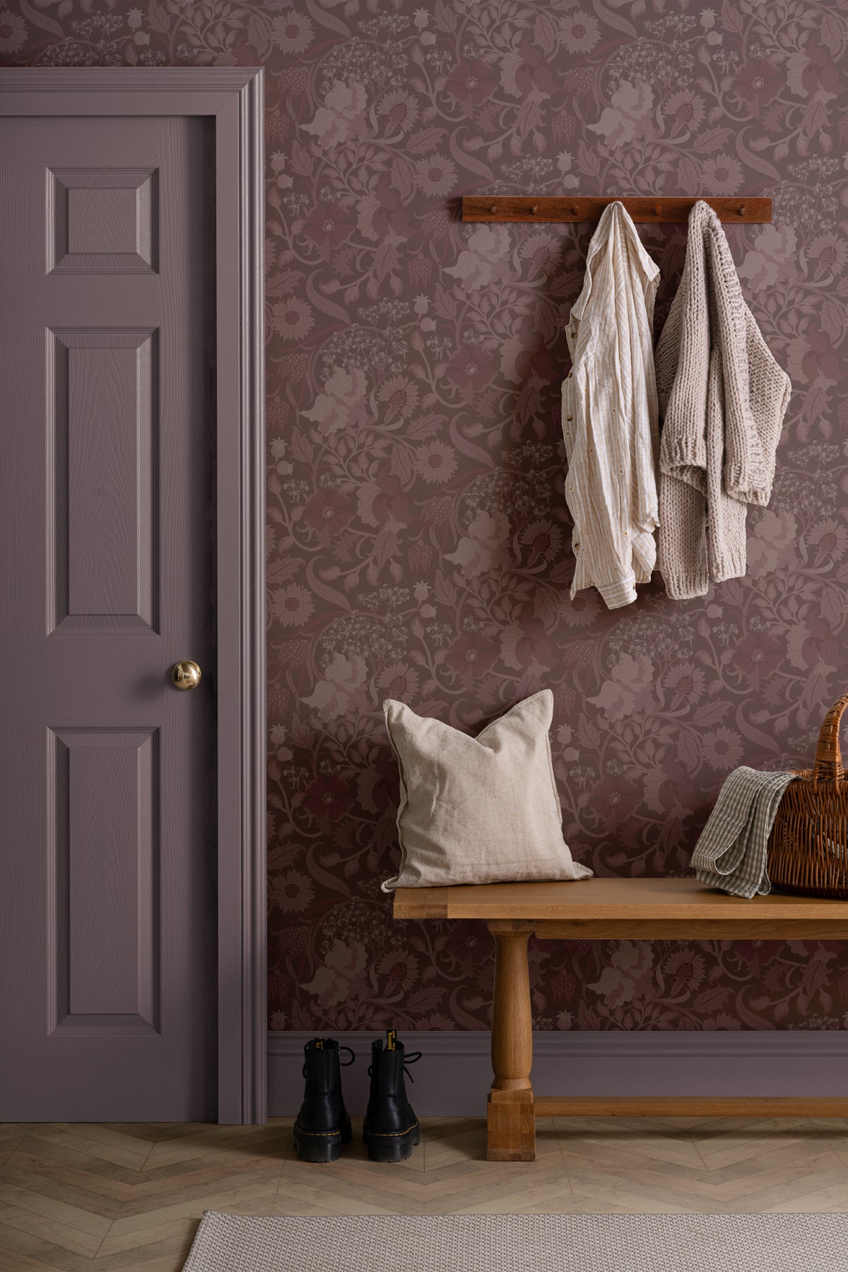 The Thistle Manor wallpaper in mulberry plum in a hallway
