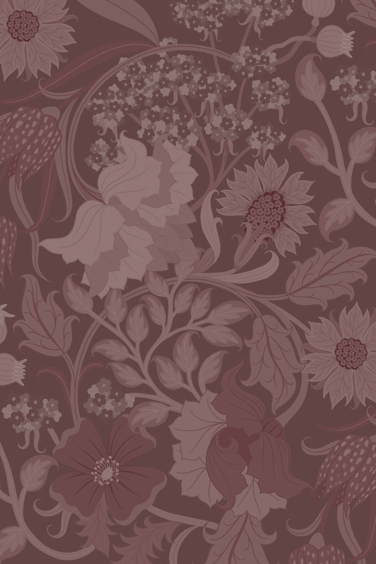 Close-up of The Thistle Manor wallpaper in mulberry plum showing the heritage thistles and blossoms in detail