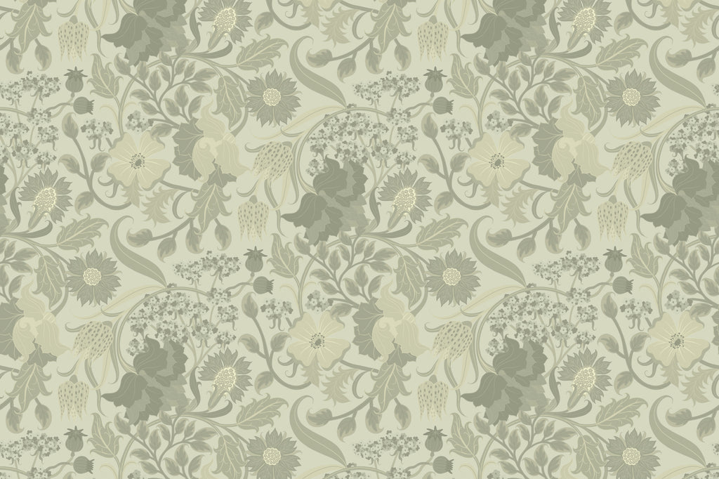 Flat pattern view of The Thistle Manor wallpaper in sage green, showing the heritage thistles and blossoms