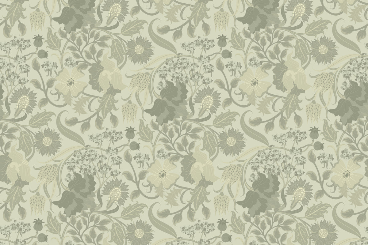 Flat pattern view of The Thistle Manor wallpaper in sage green, showing the heritage thistles and blossoms
