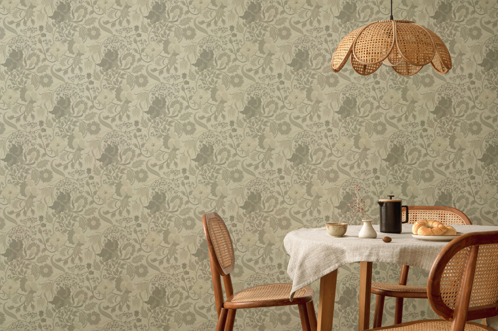 The Thistle Manor wallpaper in sage green in a dining room
