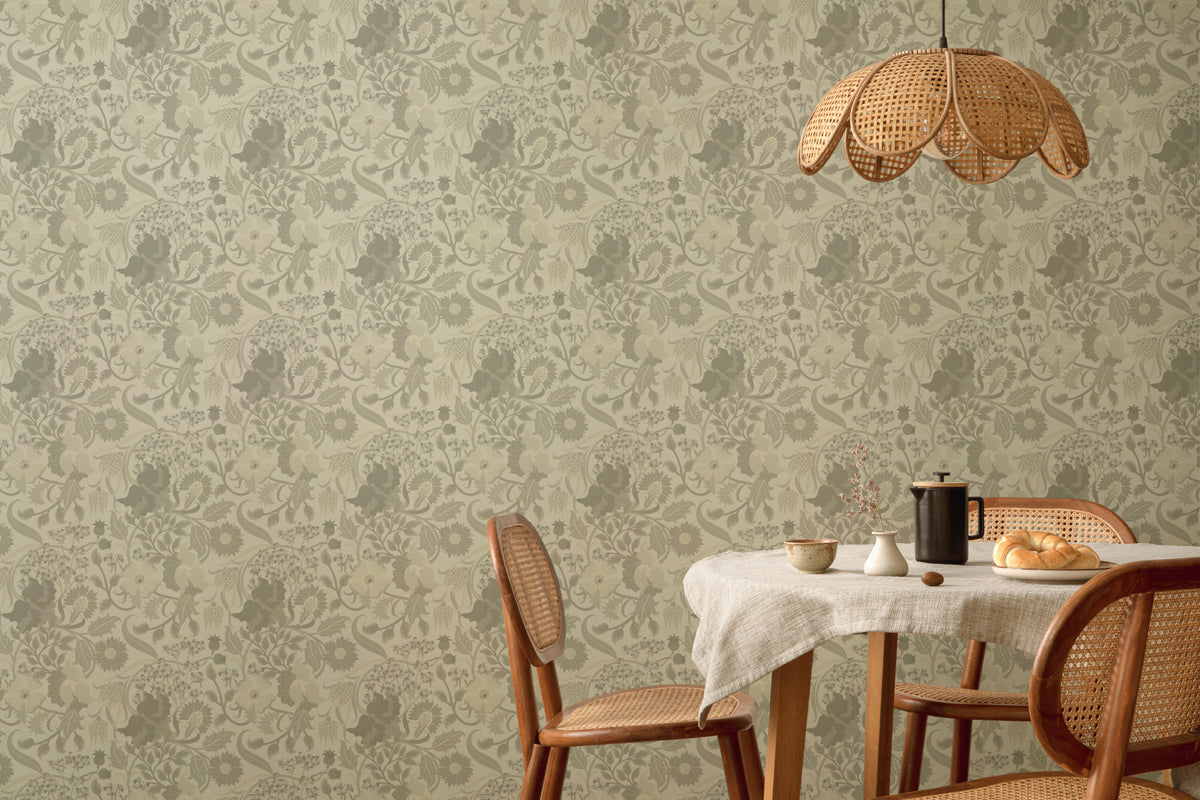 The Thistle Manor wallpaper in sage green in a dining room
