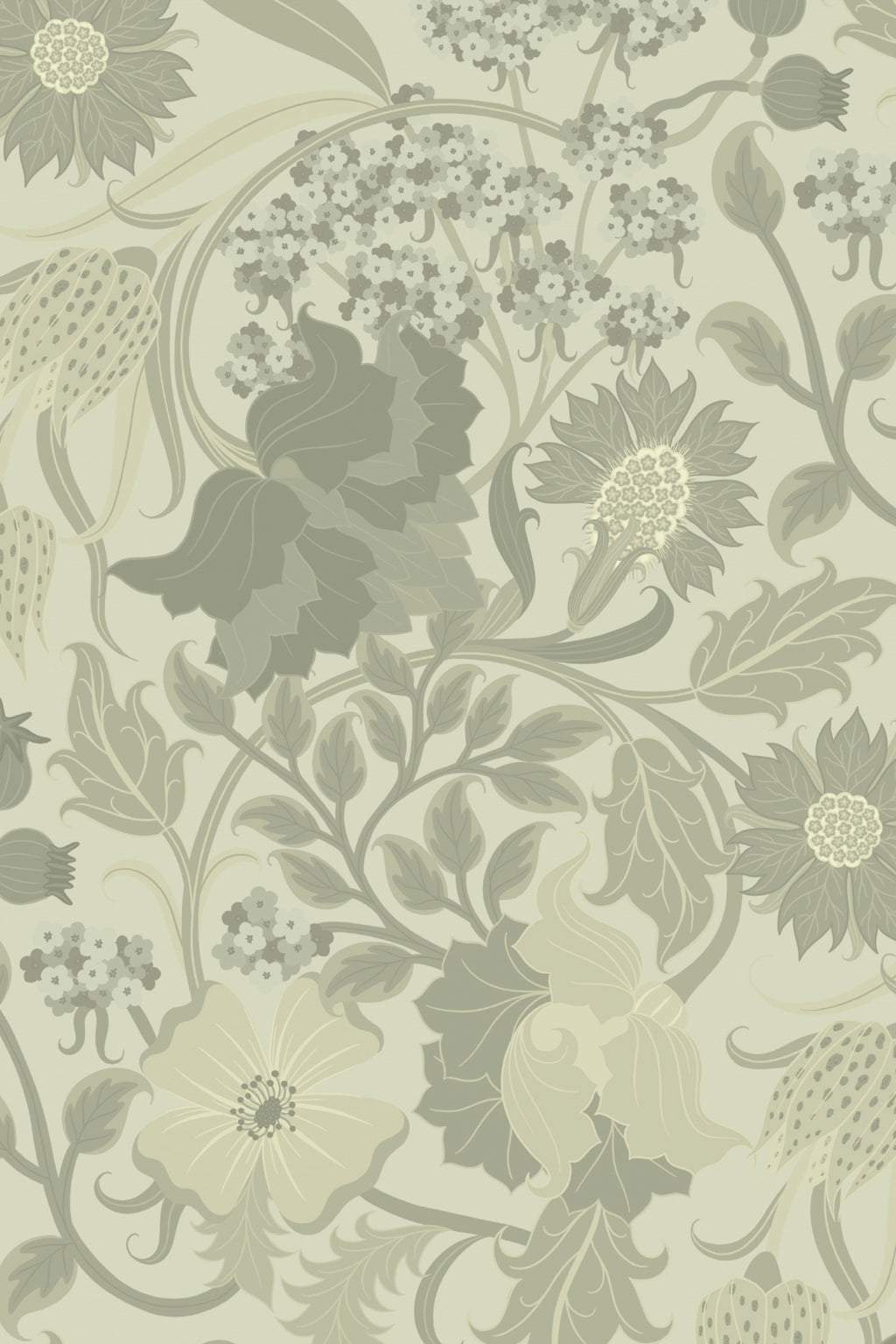 Close-up of The Thistle Manor wallpaper in sage green showing the heritage thistles and blossoms in detail