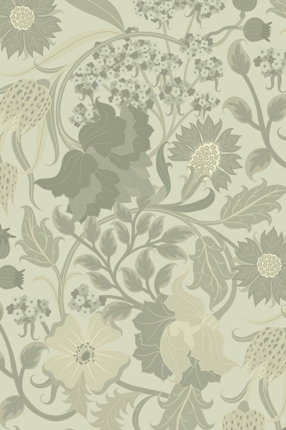 Close-up of The Thistle Manor wallpaper in sage green showing the heritage thistles and blossoms in detail