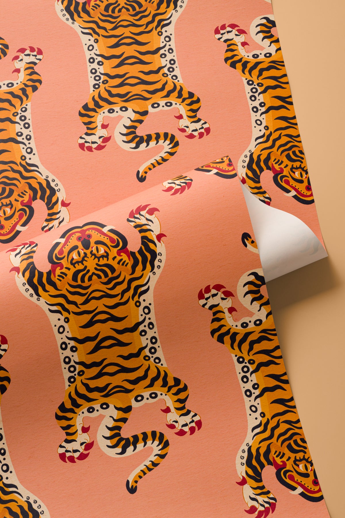Roll of The Tiger Court wallpaper in coral and amber, view 3