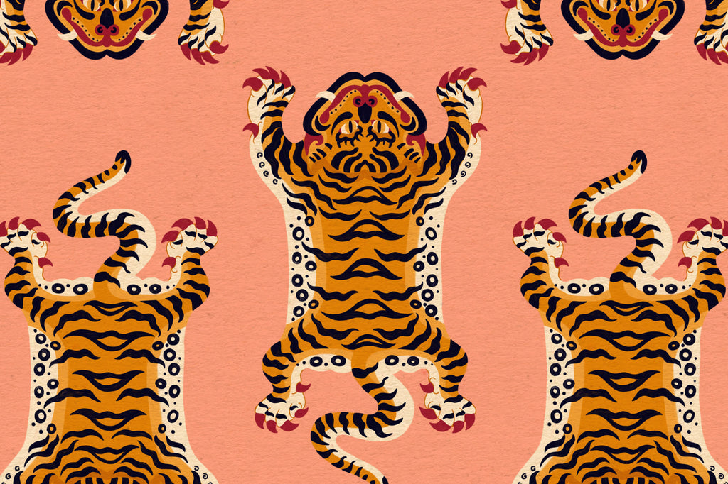 Flat pattern view of The Tiger Court wallpaper in coral and amber, showing the stylised tiger rugs