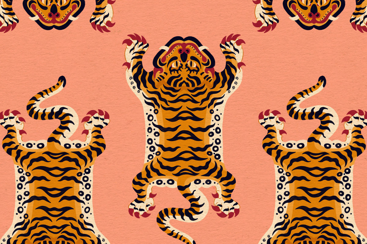 Flat pattern view of The Tiger Court wallpaper in coral and amber, showing the stylised tiger rugs