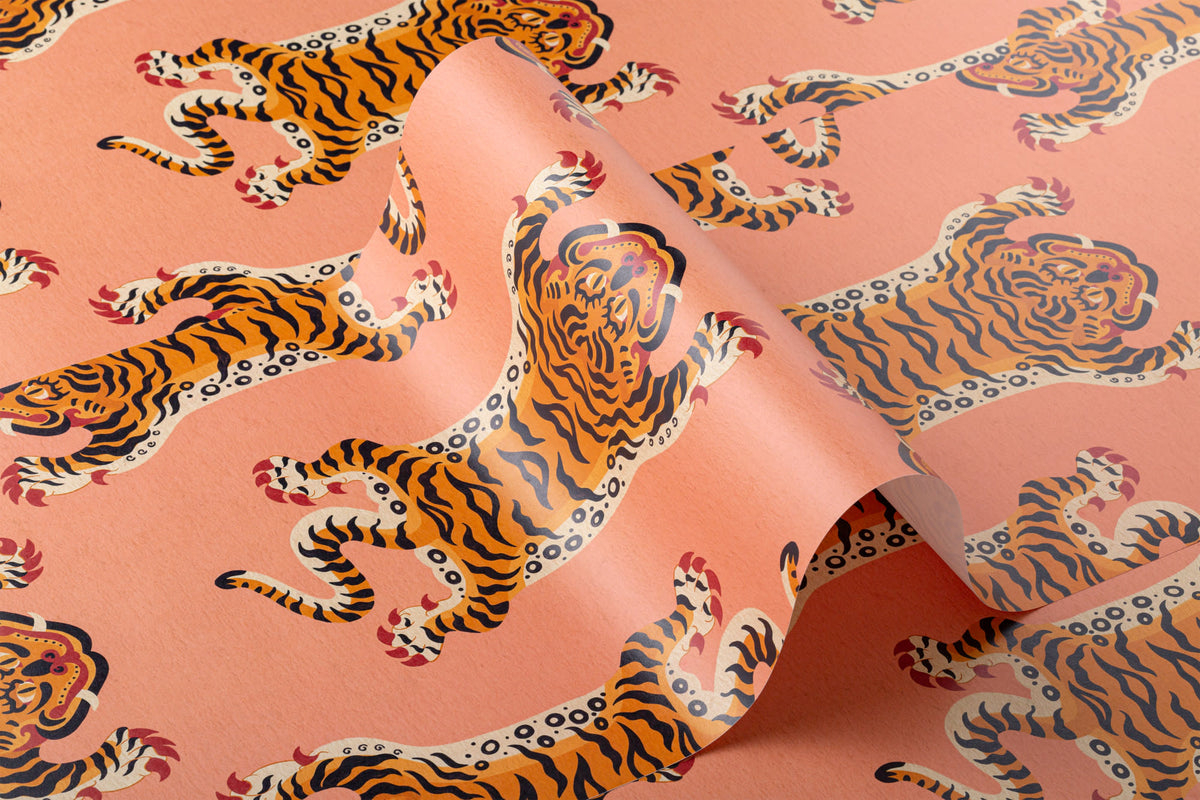 Roll of The Tiger Court wallpaper in coral and amber