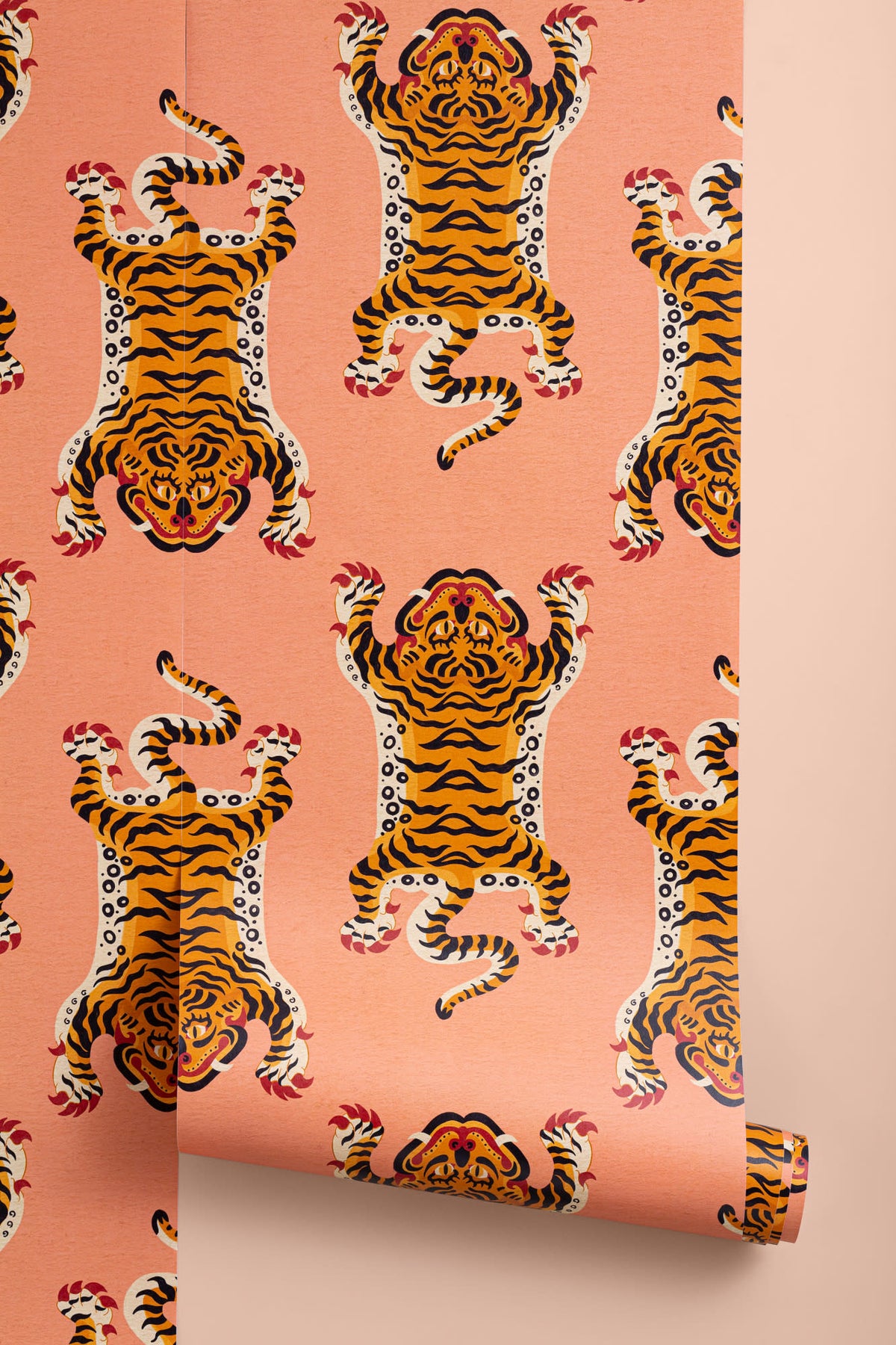Roll of The Tiger Court wallpaper in coral and amber, another angle