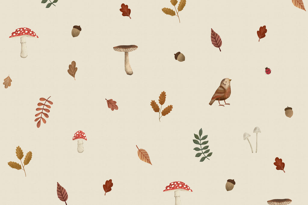 Full artwork view of The Toadstool Wood mural in oat and russet, showing birds, toadstools and autumn leaves