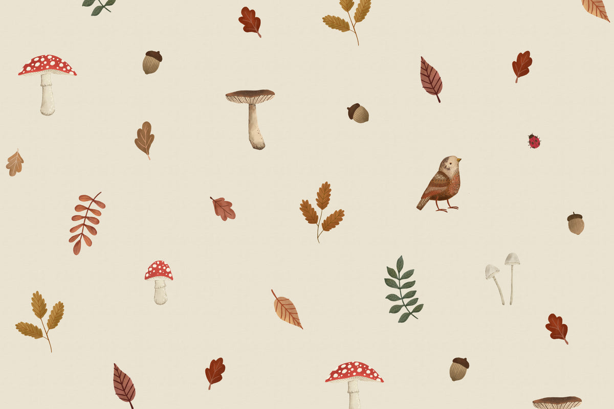 Full artwork view of The Toadstool Wood mural in oat and russet, showing birds, toadstools and autumn leaves