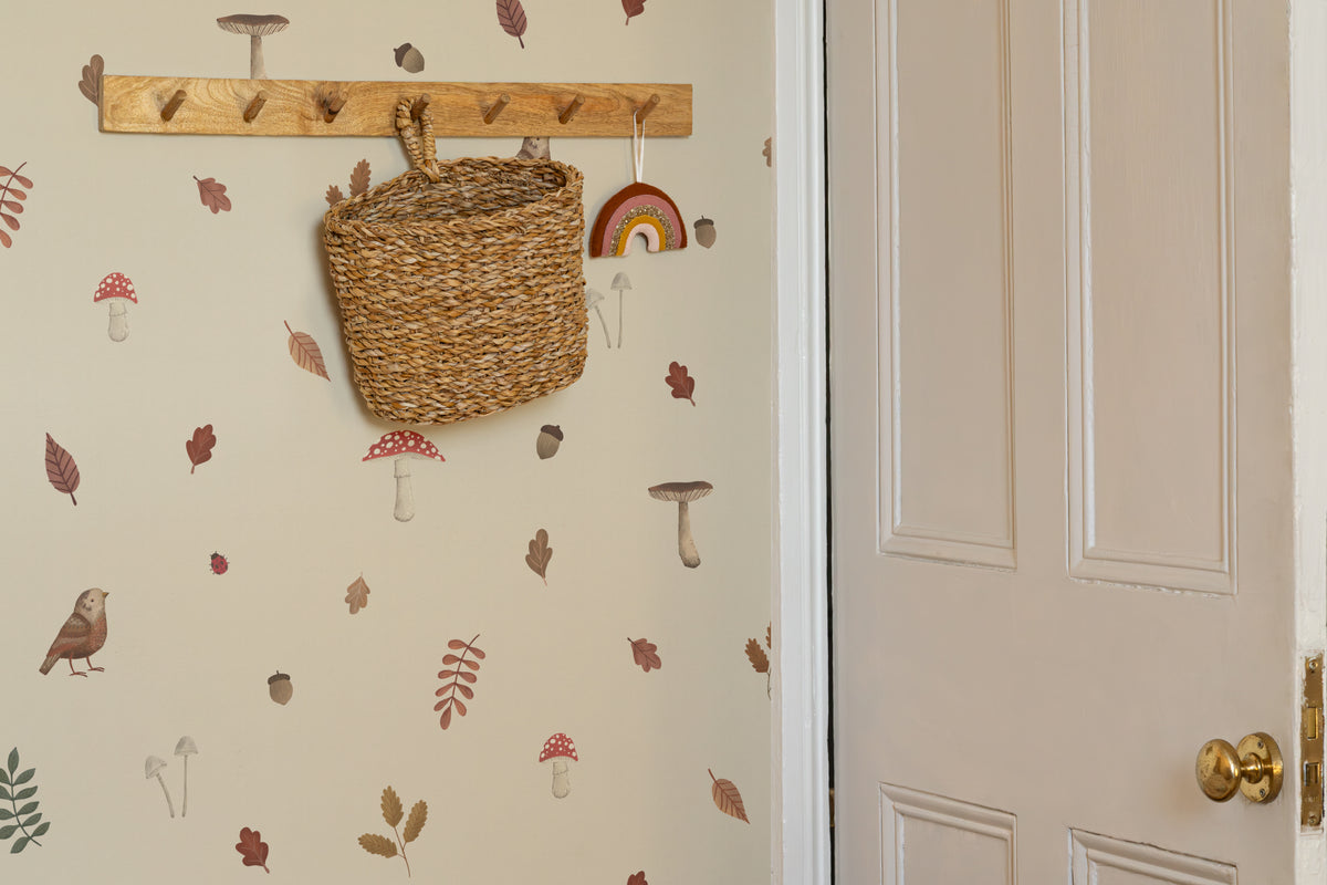 The Toadstool Wood mural in oat and russet in a hallway