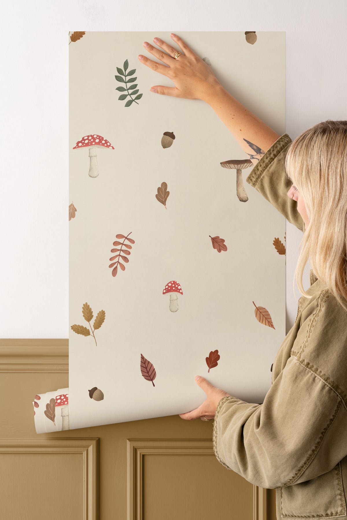 Angled detail of The Toadstool Wood mural in oat and russet