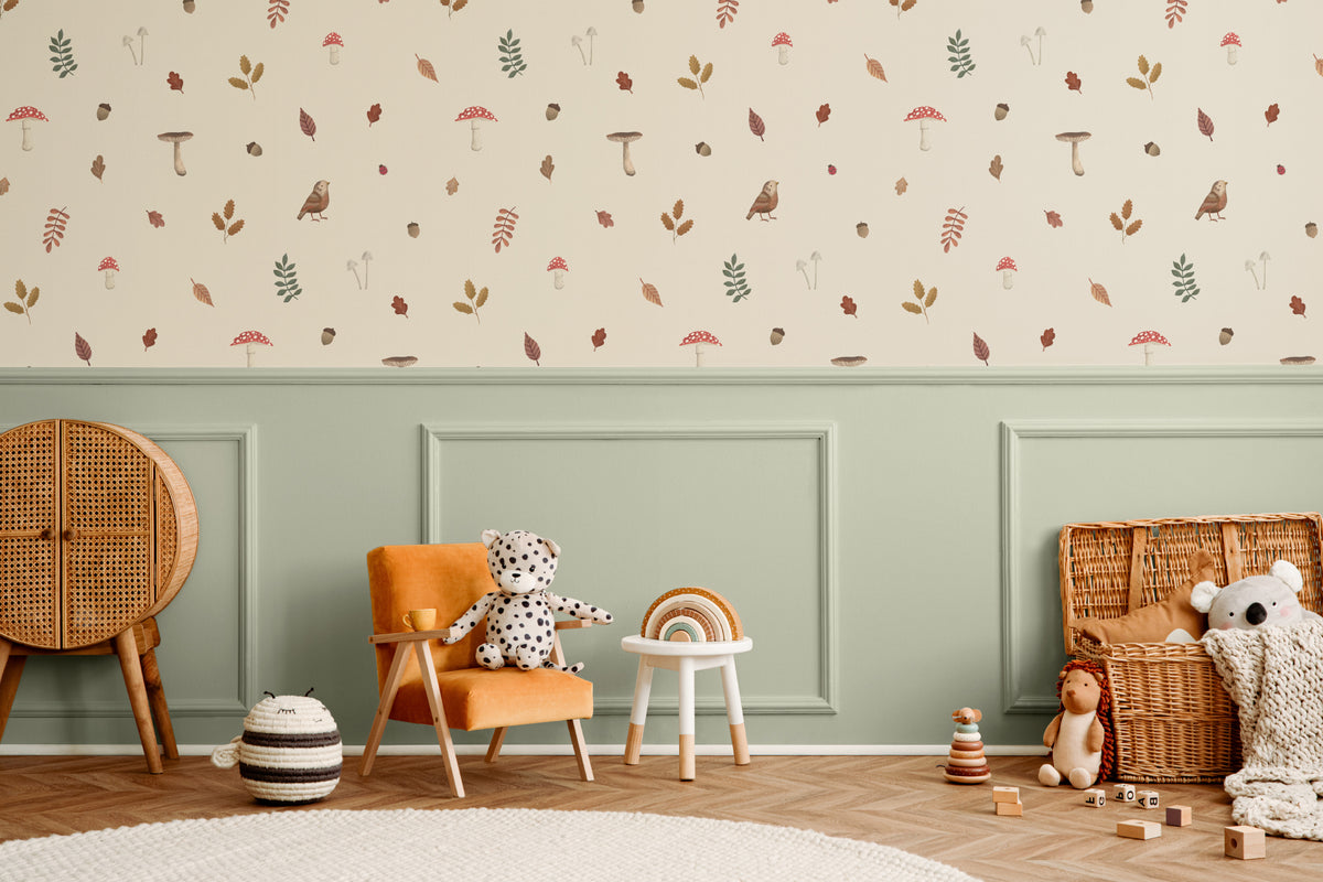 The Toadstool Wood mural in oat and russet in a child's bedroom