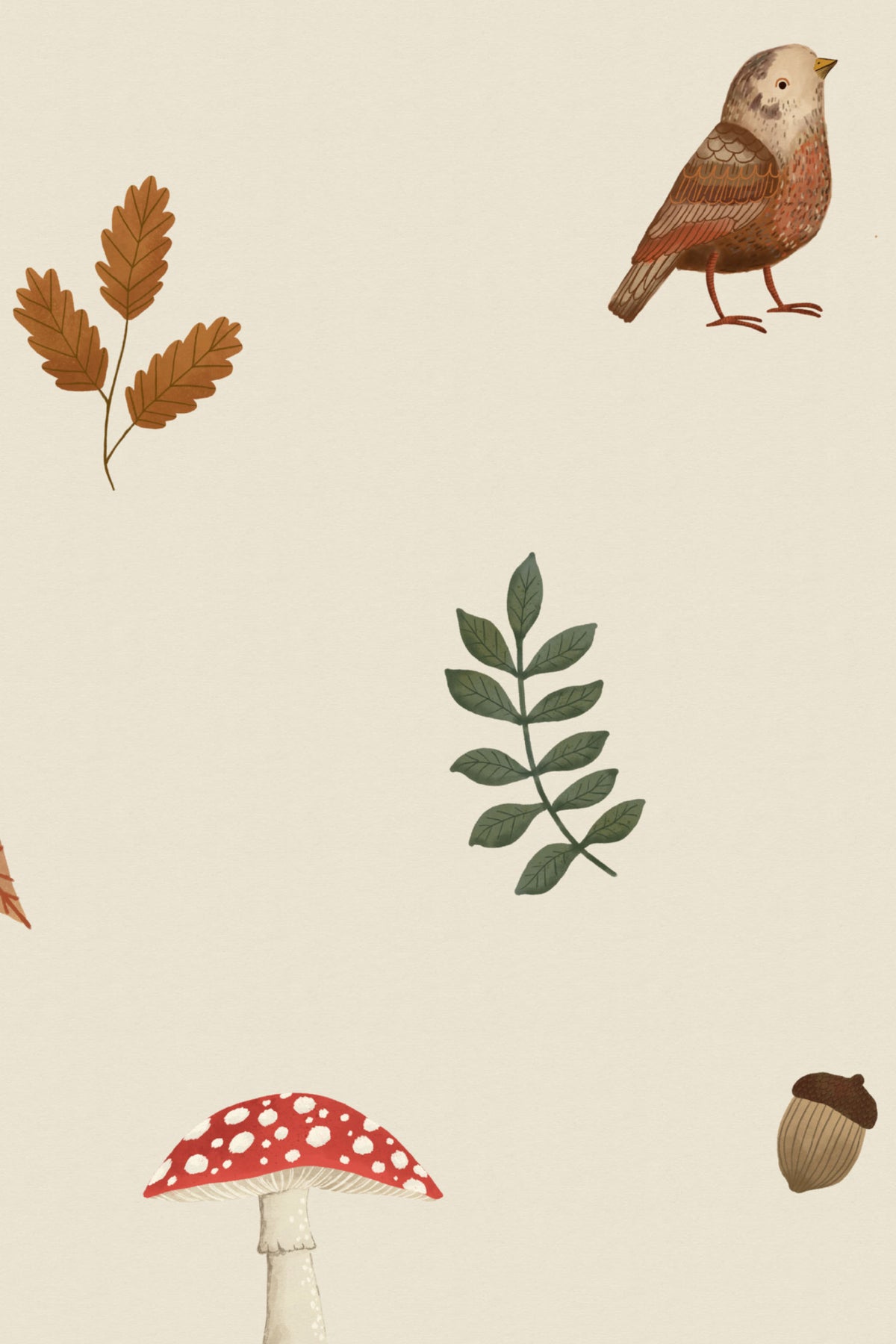 Close-up of The Toadstool Wood mural in oat and russet showing the birds, toadstools and autumn leaves in detail