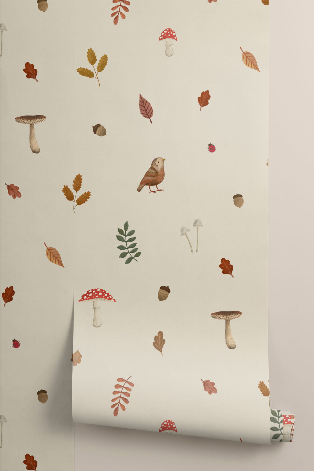 Rolled panel of The Toadstool Wood mural in oat and russet