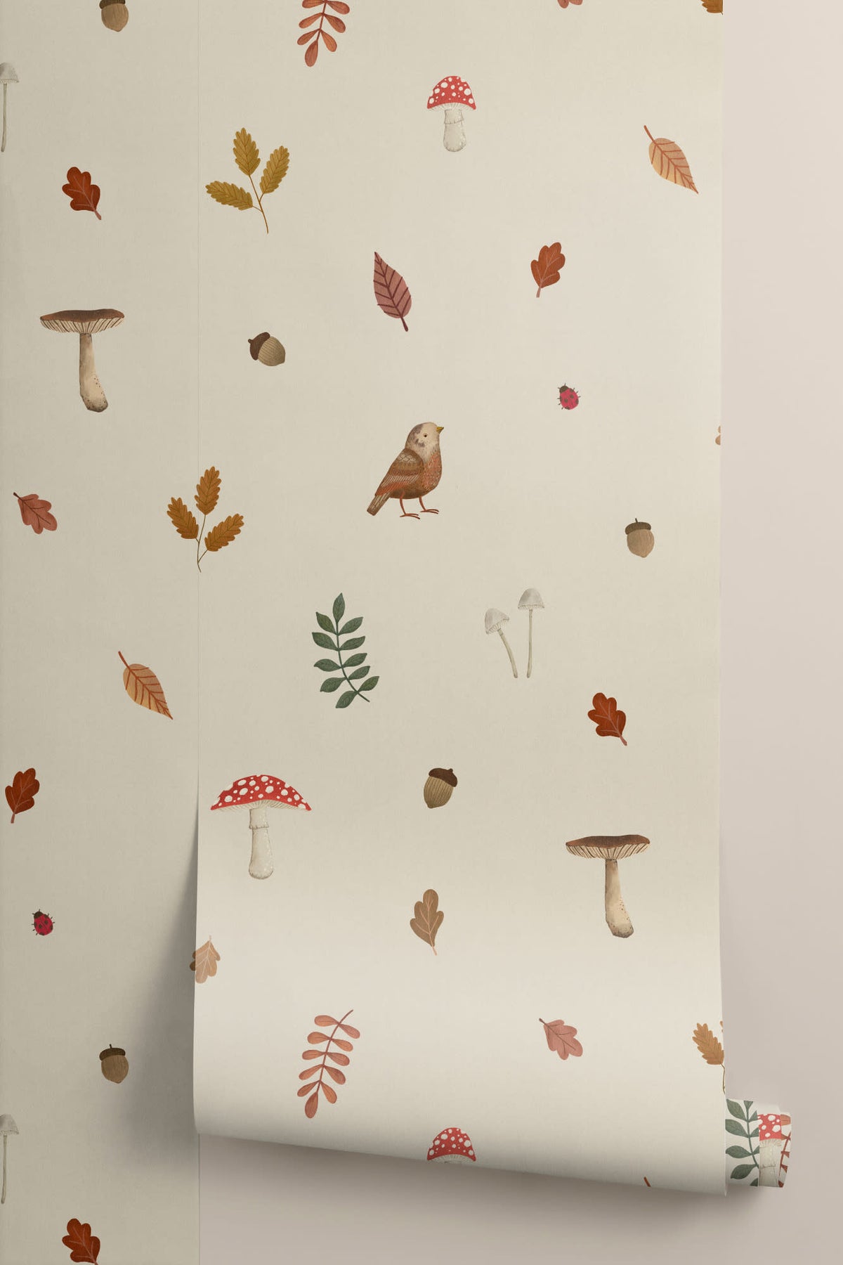 Rolled panel of The Toadstool Wood mural in oat and russet