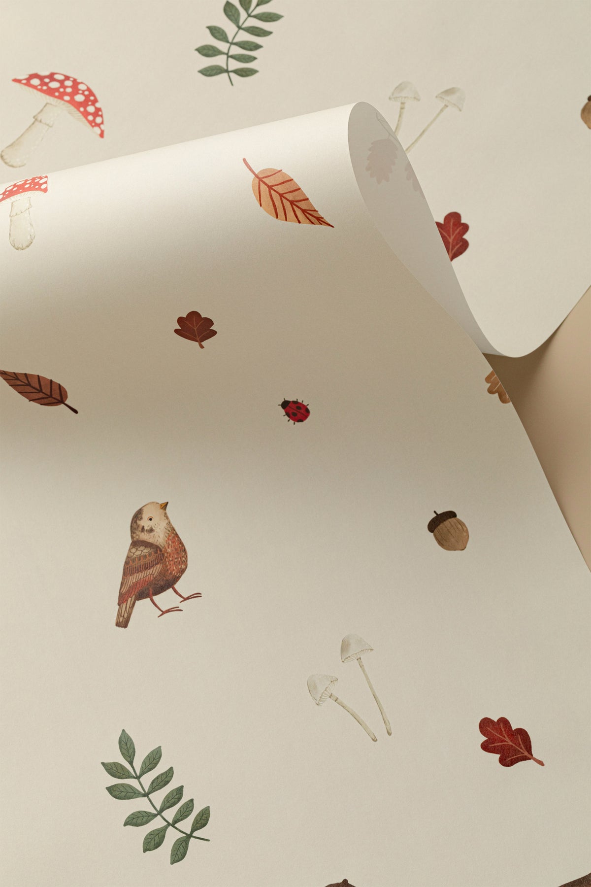 Rolled panel of The Toadstool Wood mural in oat and russet, another angle
