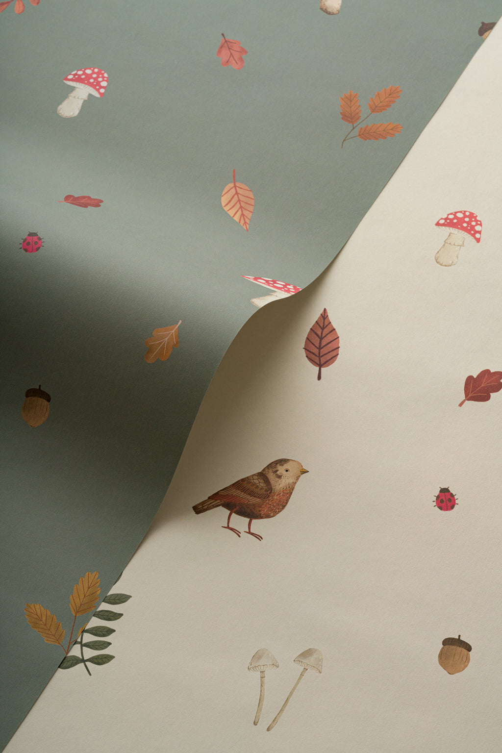 Rolled panel of The Toadstool Wood mural in oat and russet, view 3