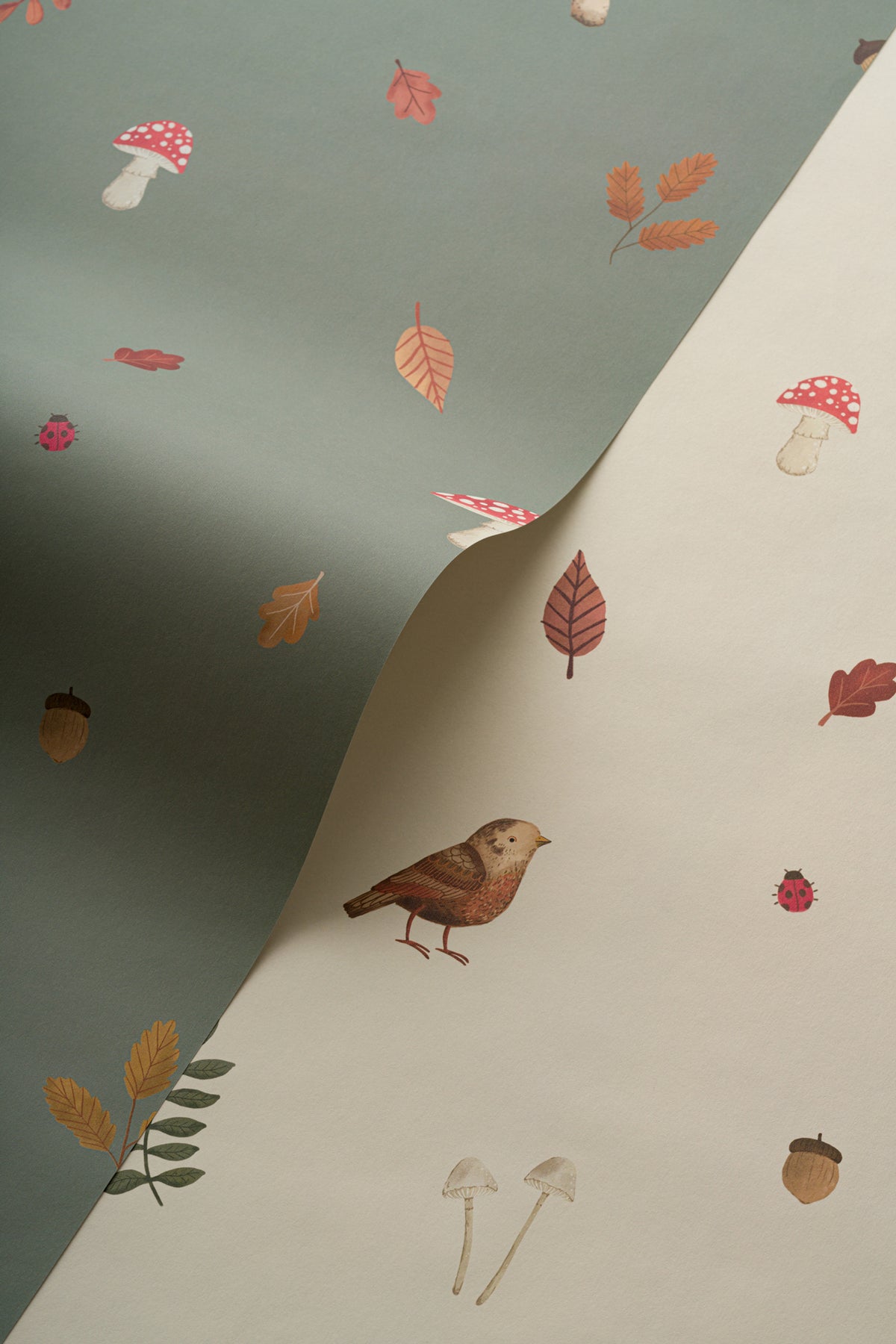 Rolled panel of The Toadstool Wood mural in oat and russet, view 3