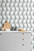 The Tumbling Block wallpaper in sage grey in a kitchen