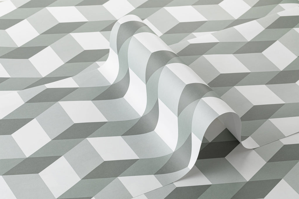 Roll of The Tumbling Block wallpaper in sage grey