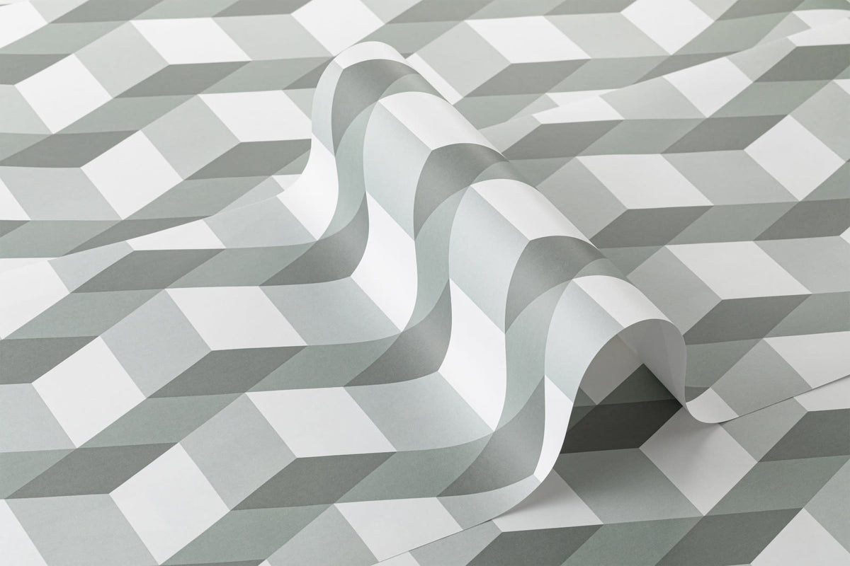 Roll of The Tumbling Block wallpaper in sage grey