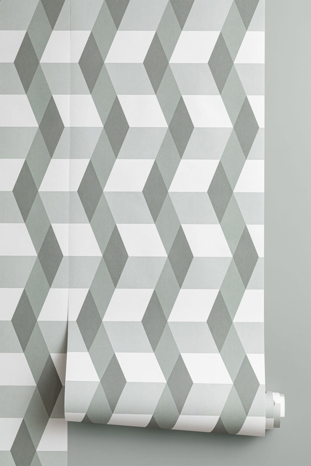 Roll of The Tumbling Block wallpaper in sage grey, another angle