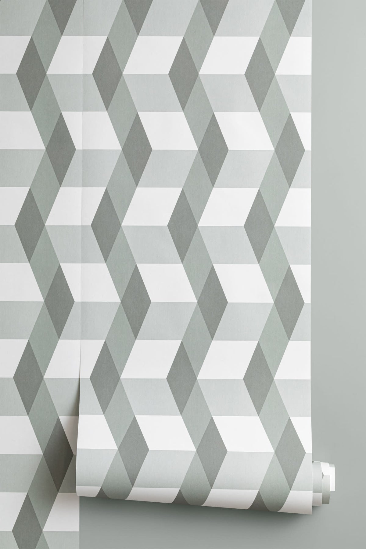 Roll of The Tumbling Block wallpaper in sage grey, another angle