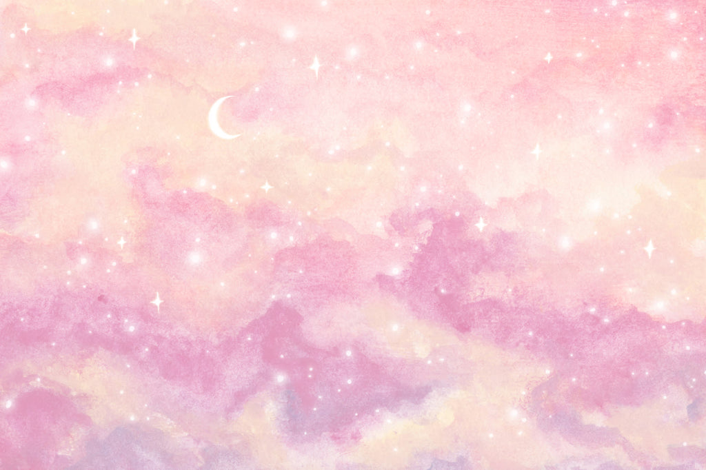 Full artwork view of The Twilight Nebula mural in rose and lilac, showing rose sky with stars and moon