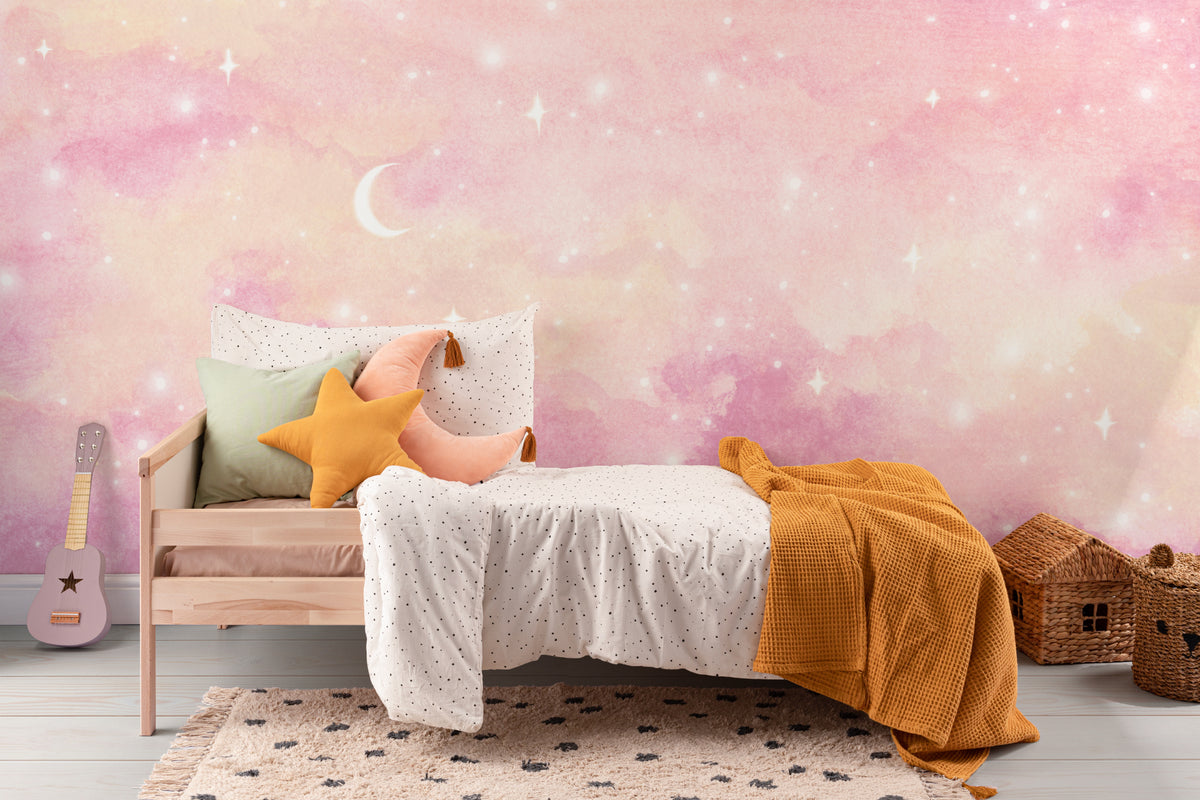The Twilight Nebula mural in rose and lilac in a children's room setting