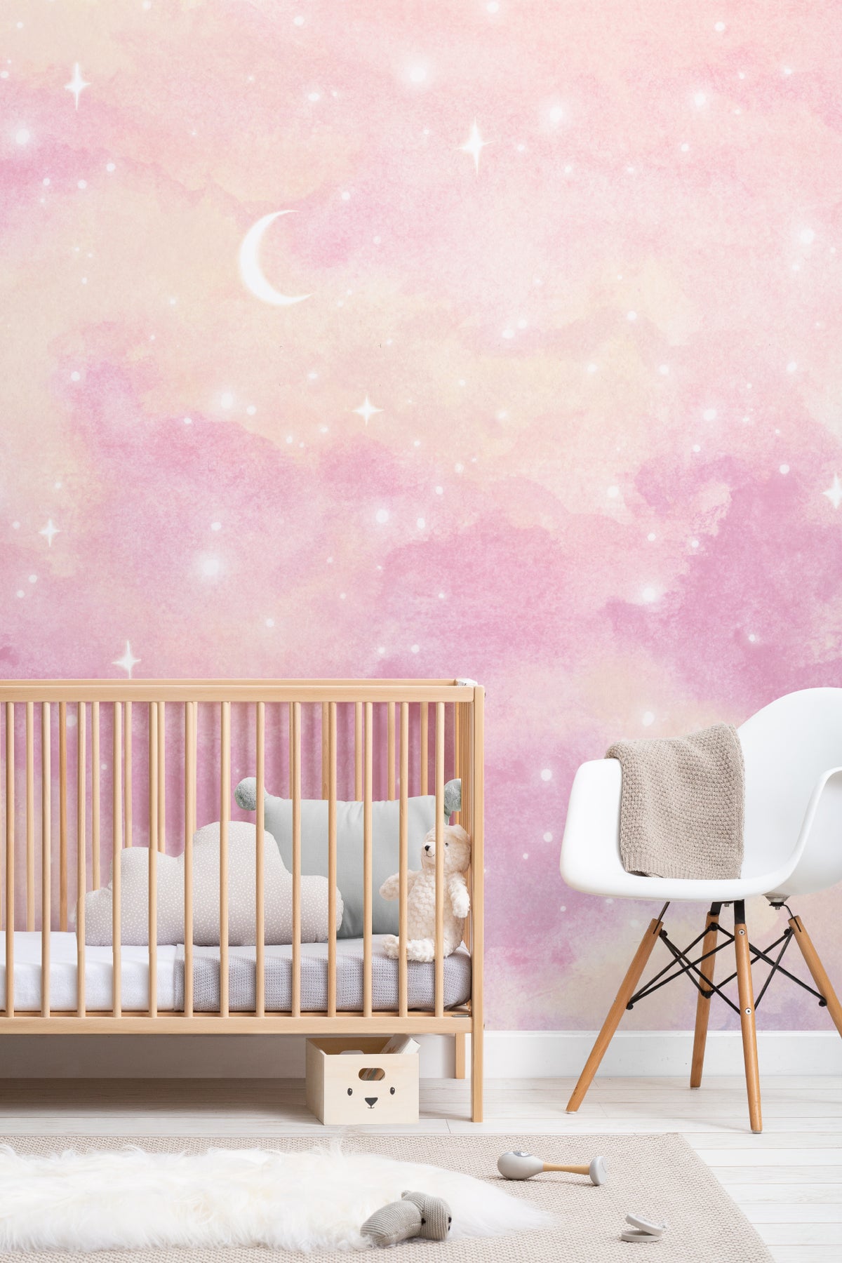 The Twilight Nebula mural in rose and lilac in a children's room setting, view 3