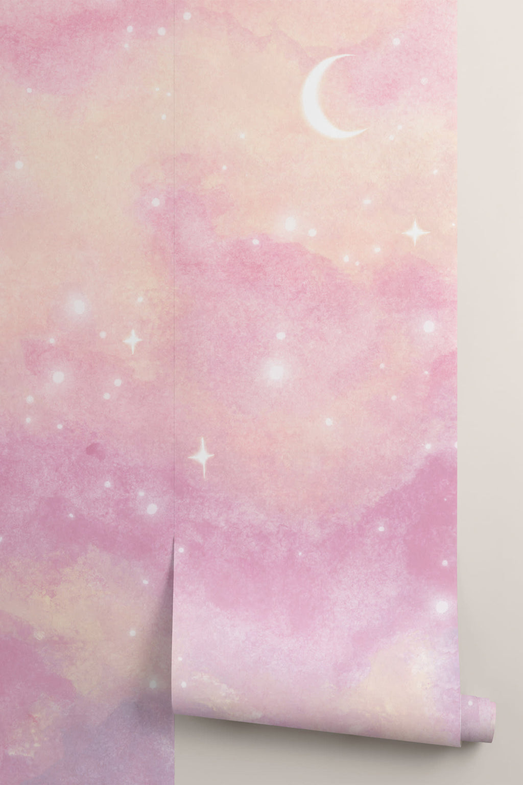 Rolled panel of The Twilight Nebula mural in rose and lilac