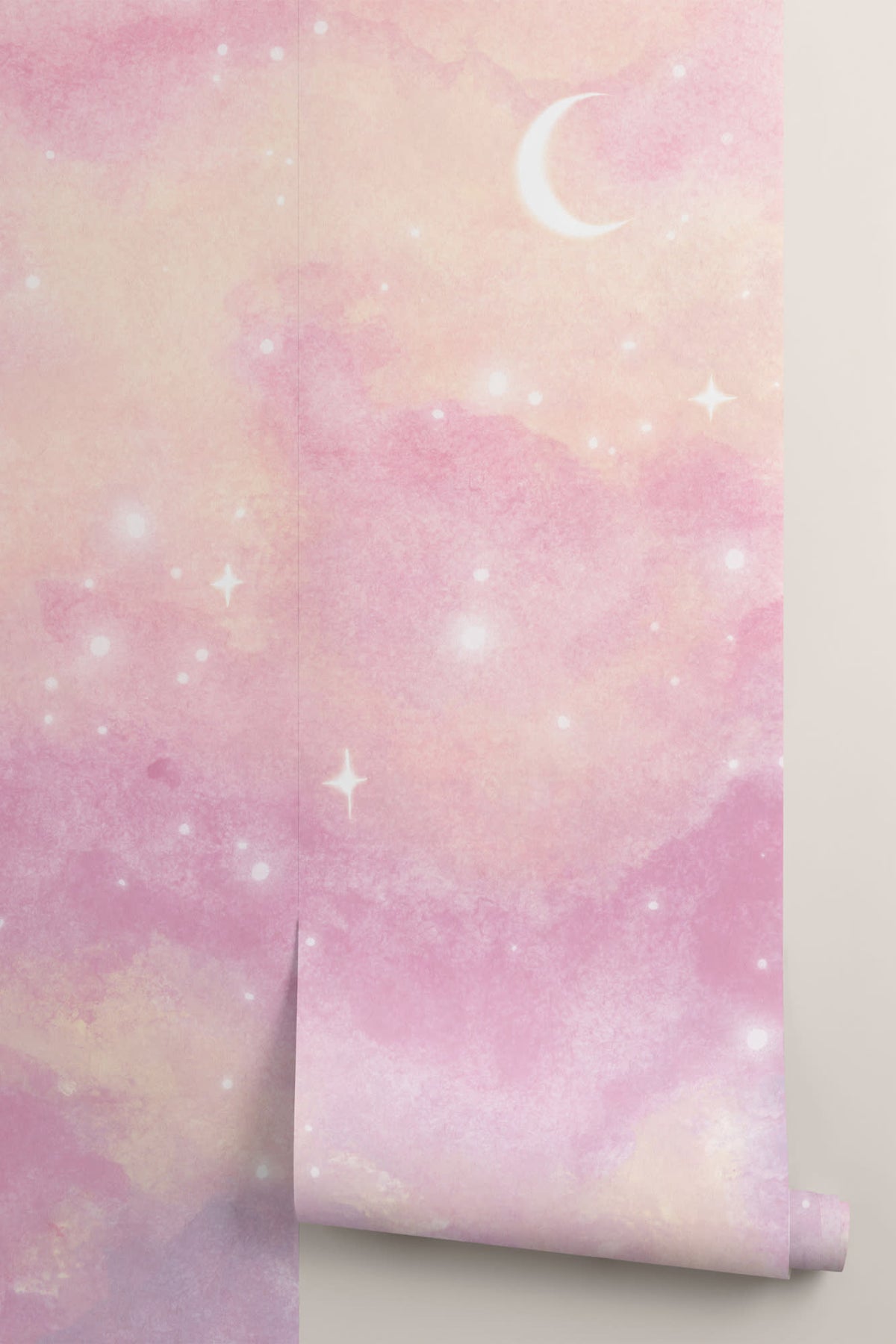 Rolled panel of The Twilight Nebula mural in rose and lilac