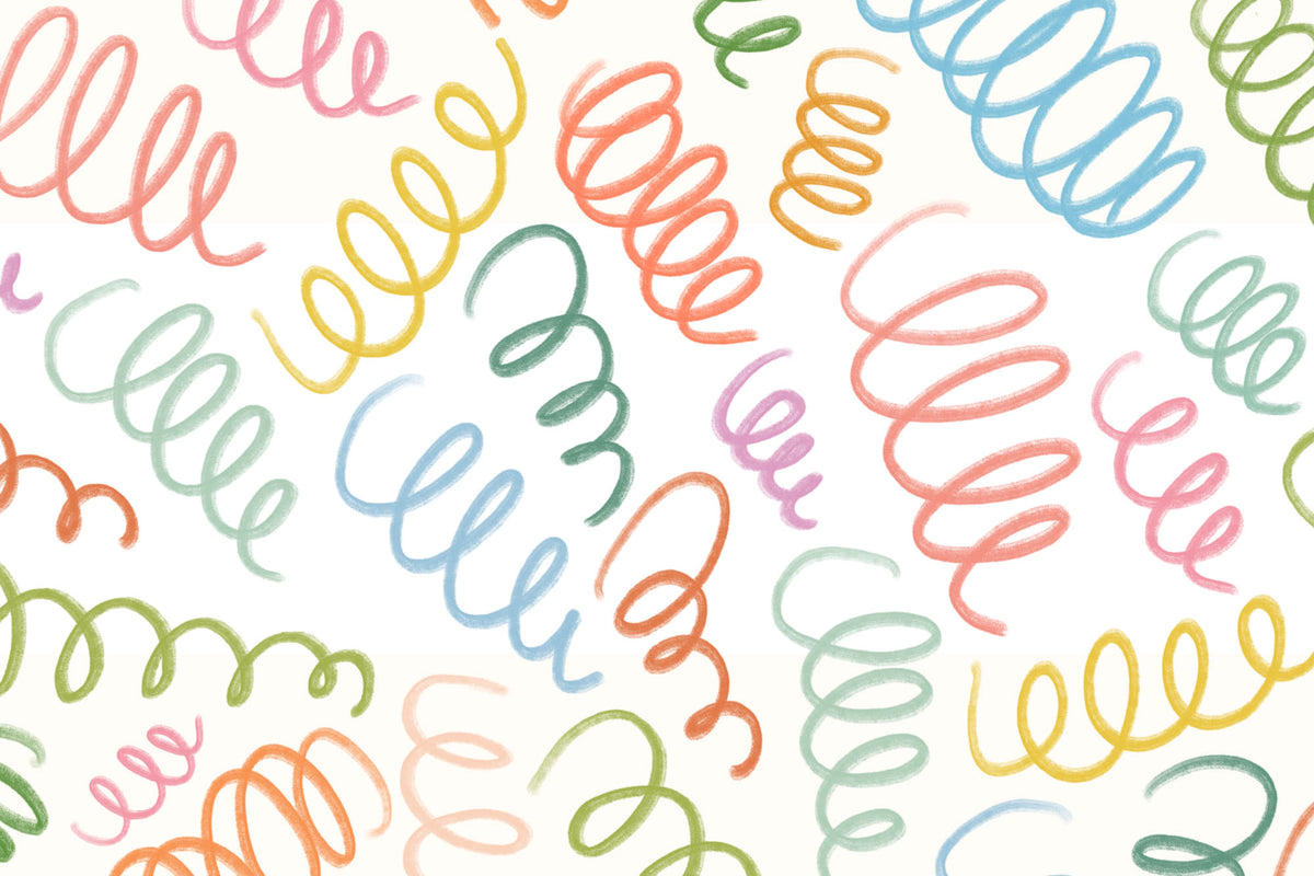 Full artwork view of The Twirling Coil mural in candy red and blue, showing bouncing coils