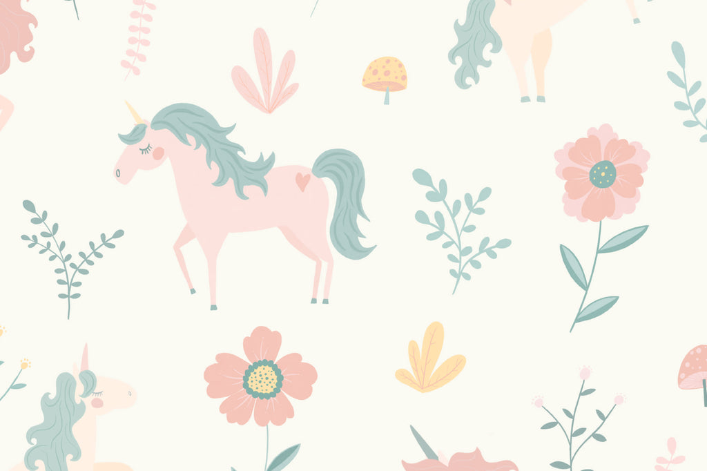Flat pattern view of The Unicorn Garden wallpaper in soft pastel, showing the unicorns among blossoms