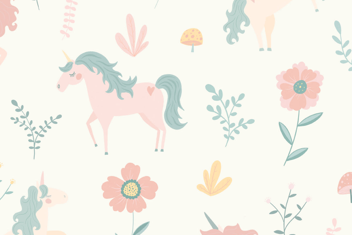 Flat pattern view of The Unicorn Garden wallpaper in soft pastel, showing the unicorns among blossoms