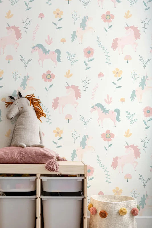 The Unicorn Garden wallpaper in soft pastel in a child's bedroom