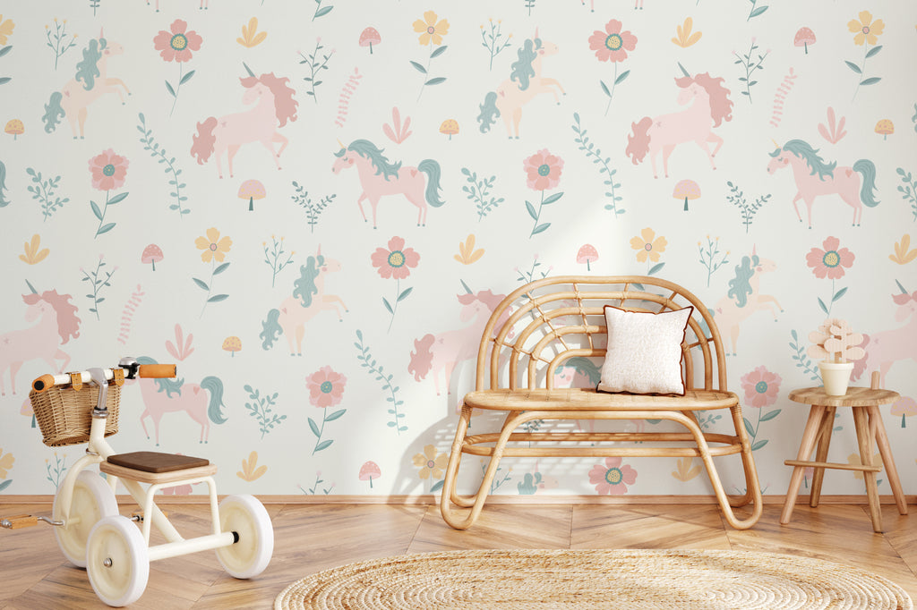 The Unicorn Garden wallpaper in soft pastel in a children's room setting, view 3