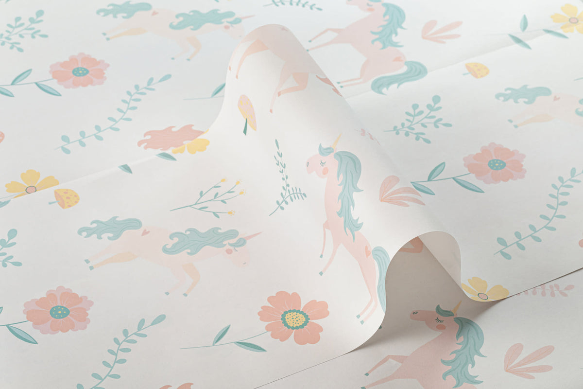 Roll of The Unicorn Garden wallpaper in soft pastel