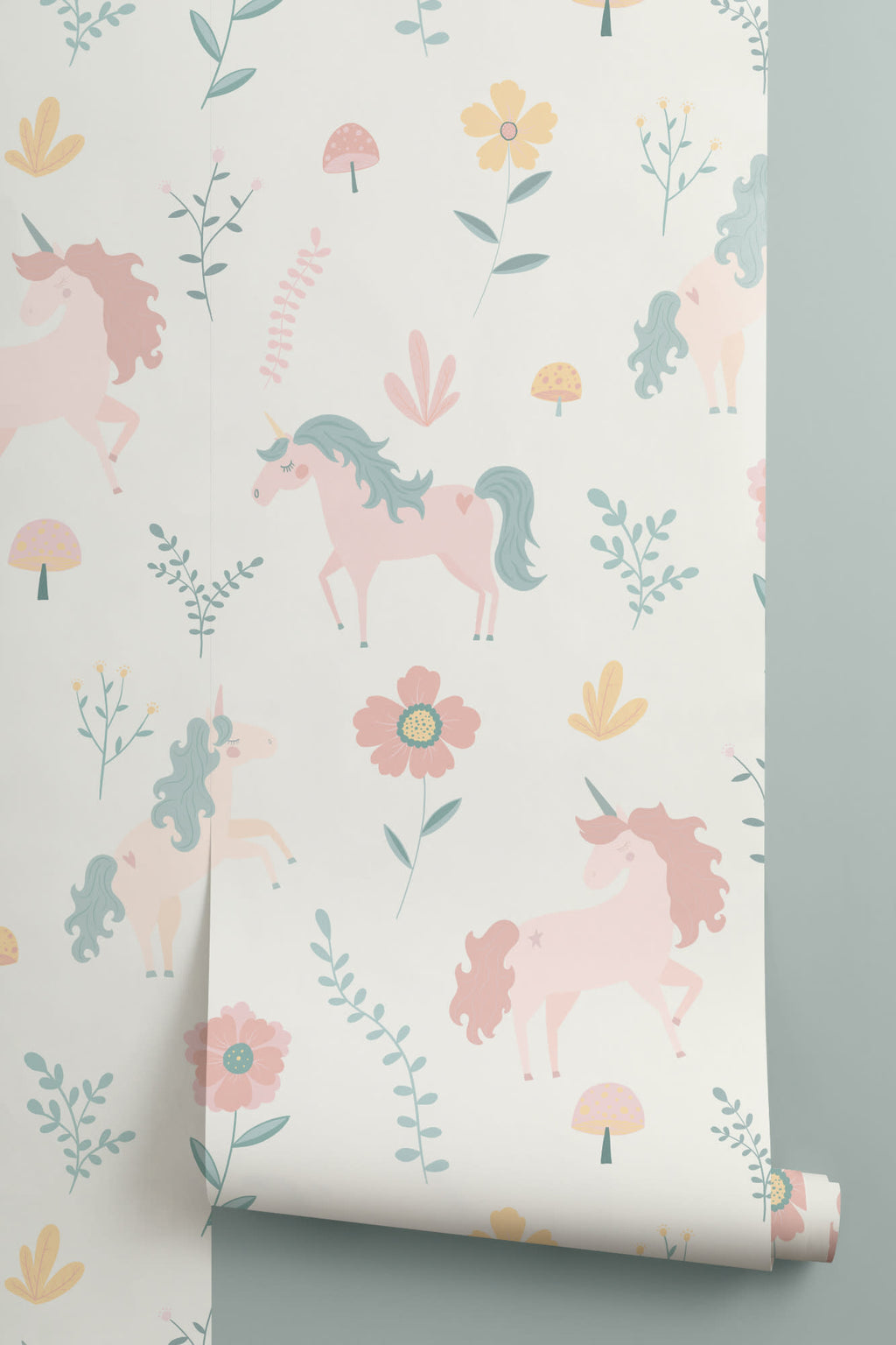 Roll of The Unicorn Garden wallpaper in soft pastel, another angle