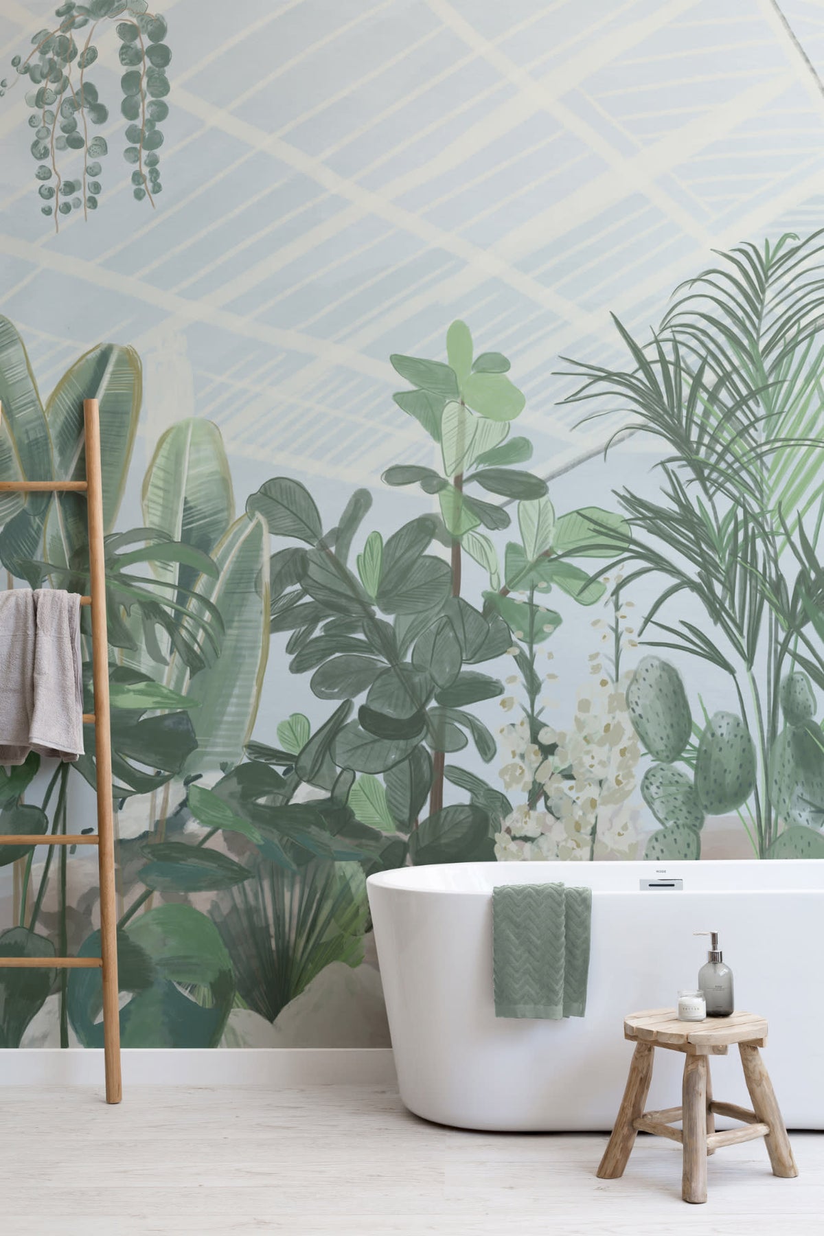 The Victorian Glasshouse mural in glasshouse green in a bathroom