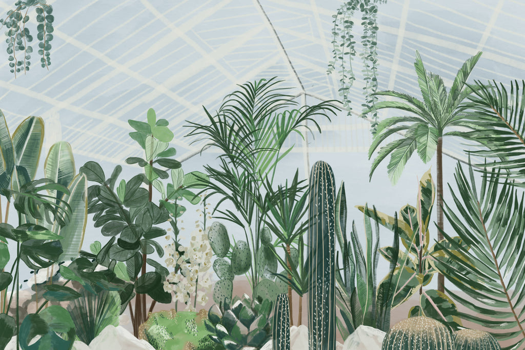 Full artwork view of The Victorian Glasshouse mural in glasshouse green, showing plants inside a glasshouse