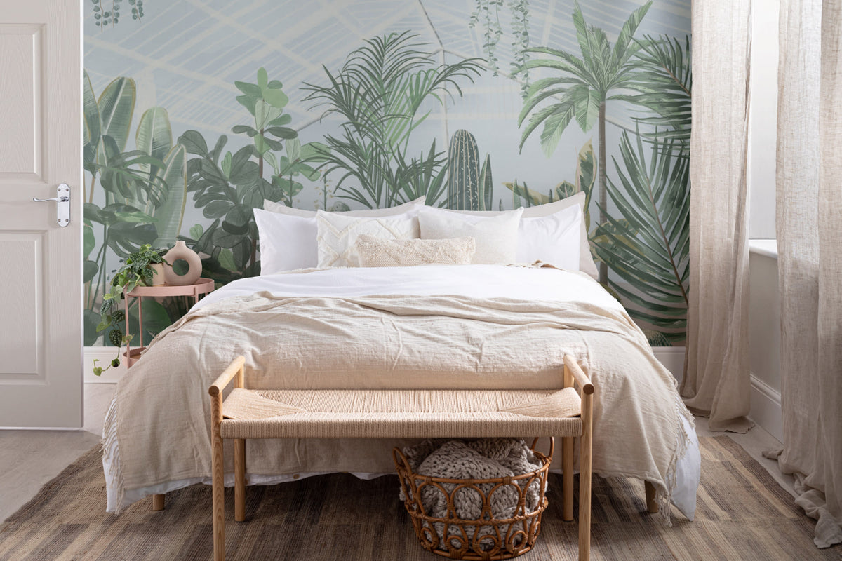 The Victorian Glasshouse mural in glasshouse green behind the bed in a bedroom