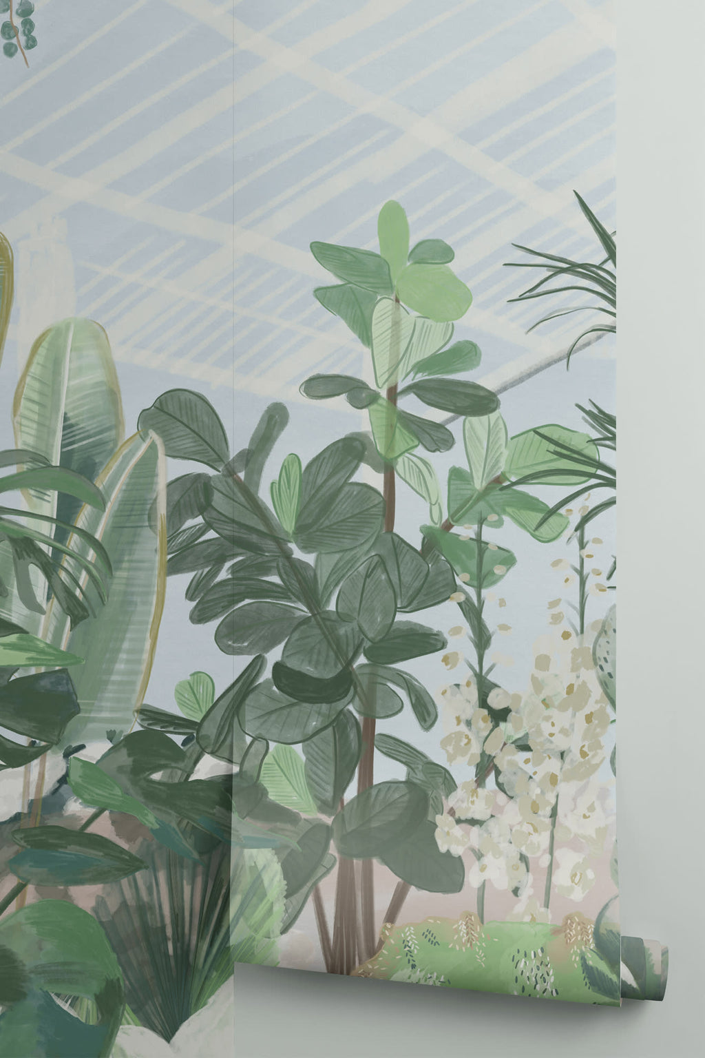 Rolled panel of The Victorian Glasshouse mural in glasshouse green