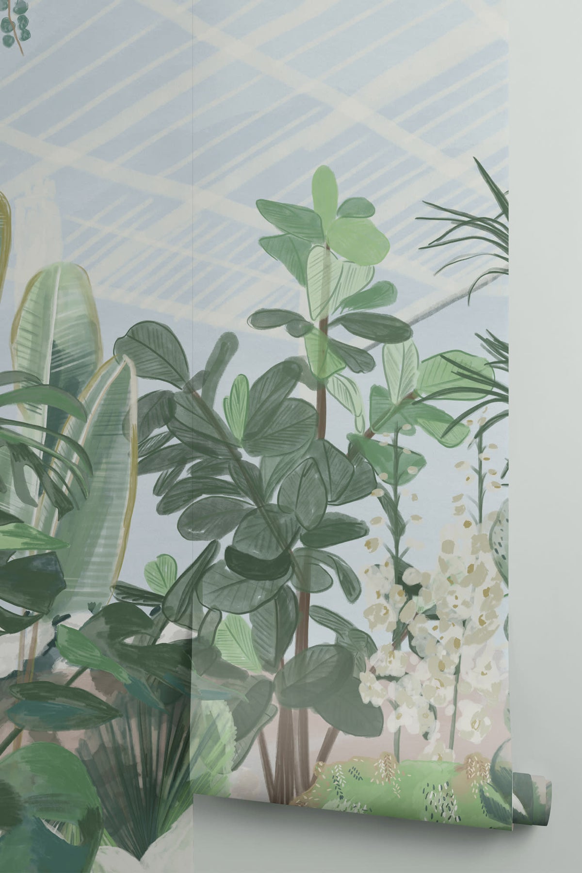 Rolled panel of The Victorian Glasshouse mural in glasshouse green